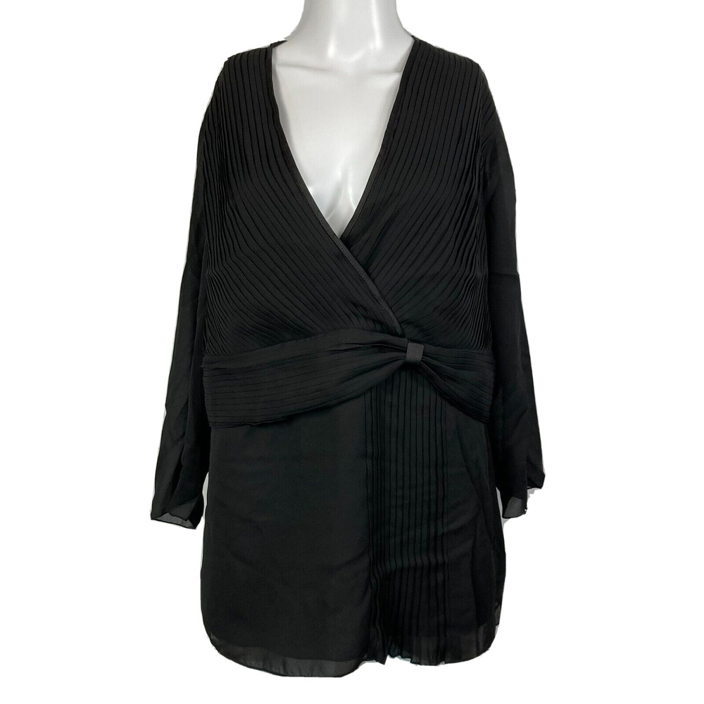 Cato Shirt Womens Sz 14W 16W Black‎ Chiffon Blouse Top Pleated Surplice V Neck